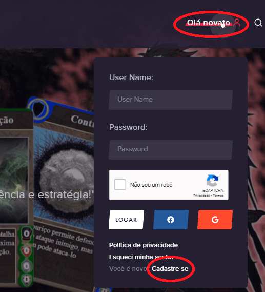 Menu superior para login e cadastro no Card Game